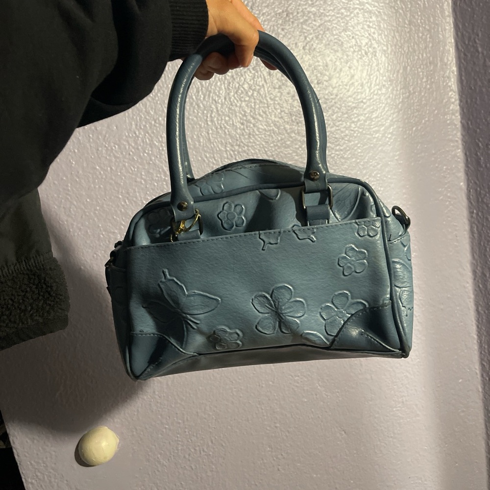 Blue Embossed Floral Handbag